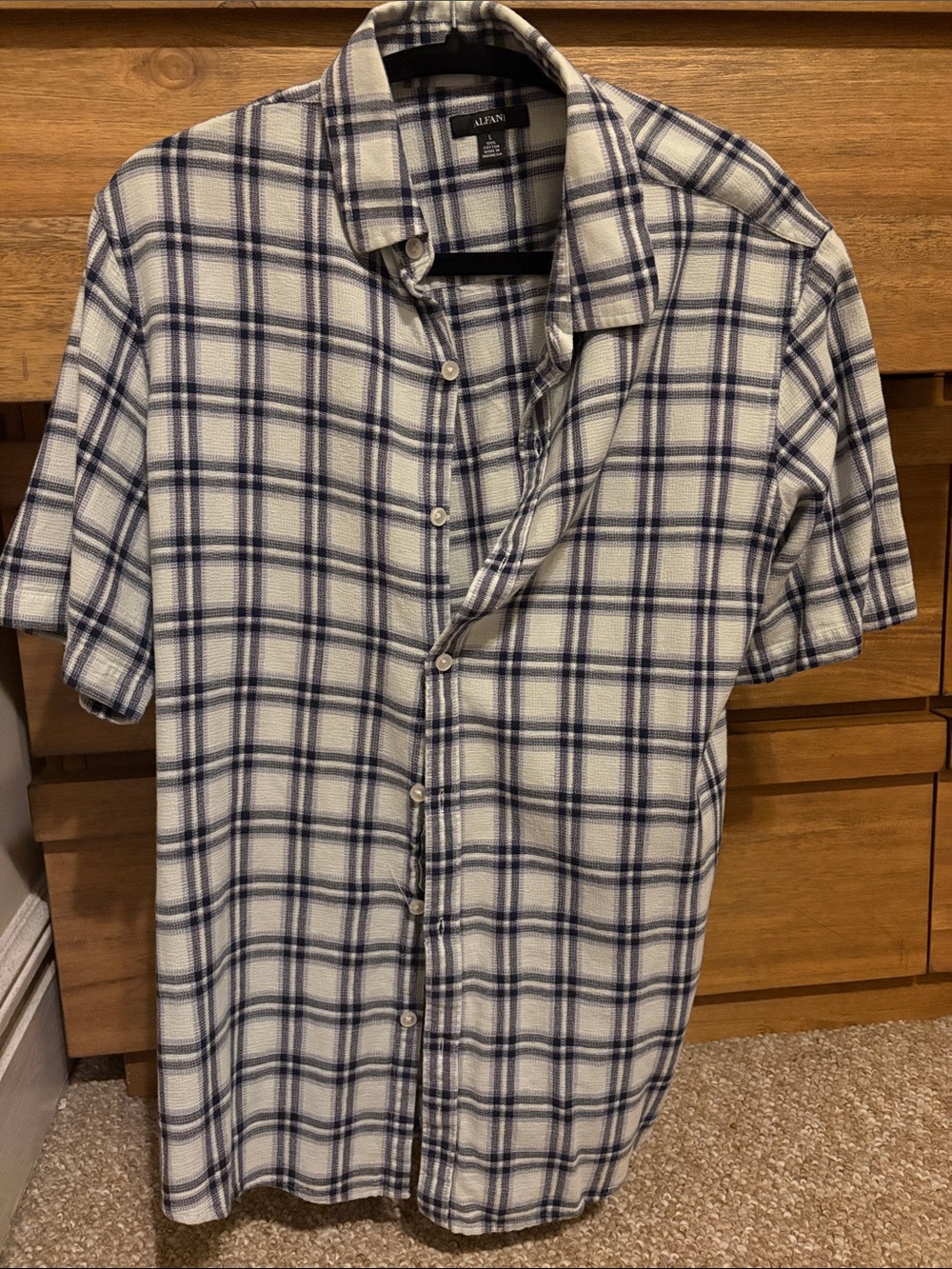 Alfani Men’s White and Navy Plaid Short-Sleeve Button-Up Shirt
